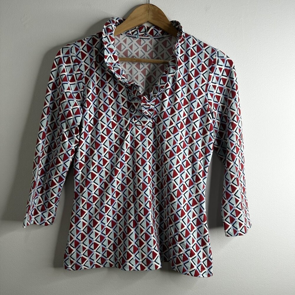 J McLaughlin Blouse Top Sz M Geometric Ruffle Collar‎ Catalina Cloth Stretch